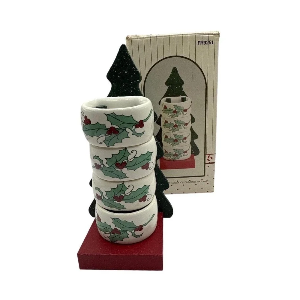 Vintage Christmas Napkin Rings Set w Holder Holly Taiwan
